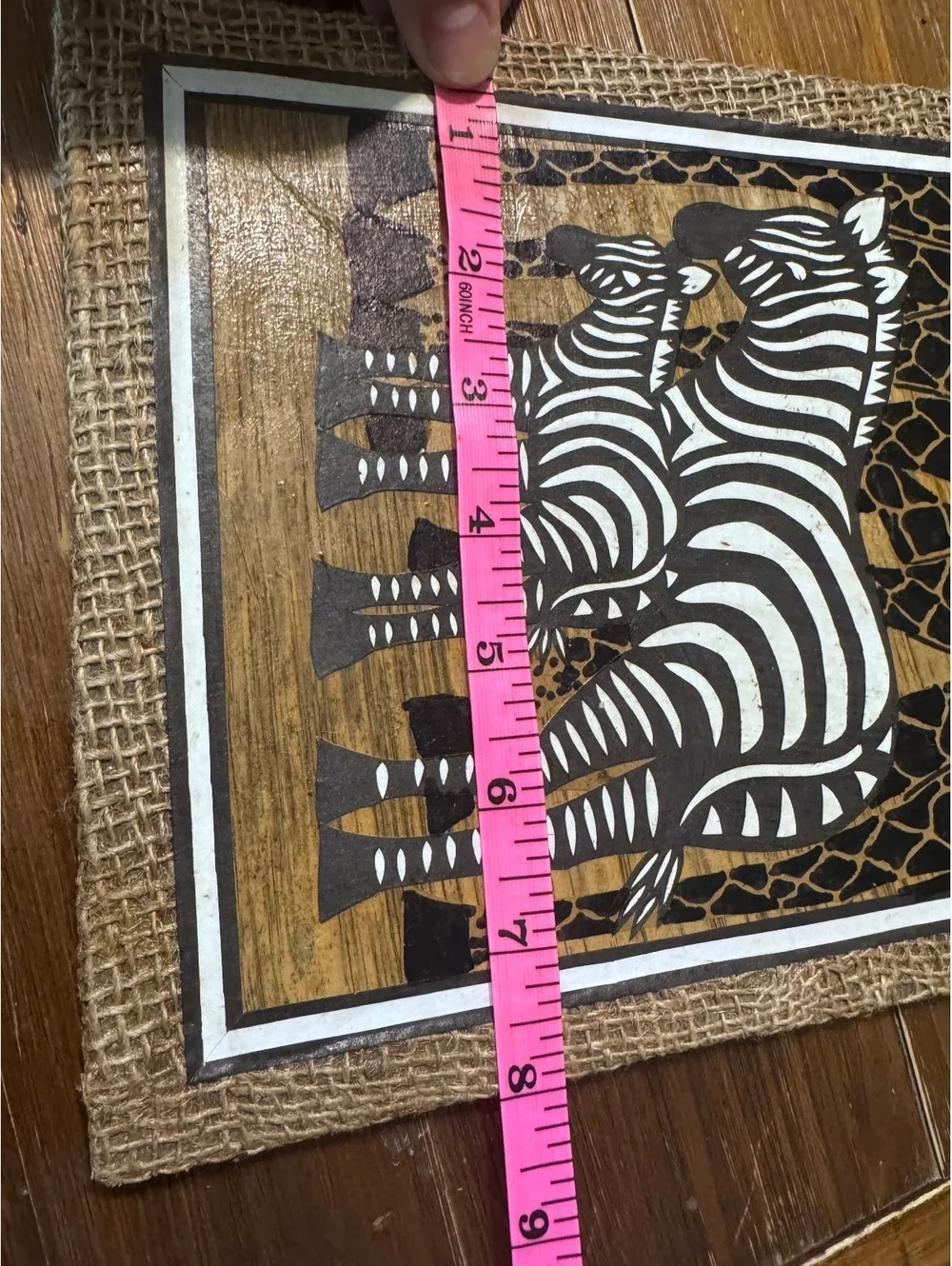 Kenyan African Folk Art Giraffe Zebra Wildlife Wall Hanging Burlap Frame 16”